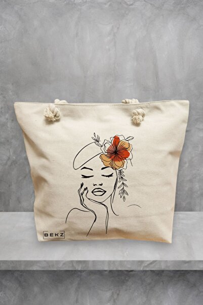 BEKZ Geanta de plaja, Flower Lady 13, 40x51 cm, Crem, BEKZ®