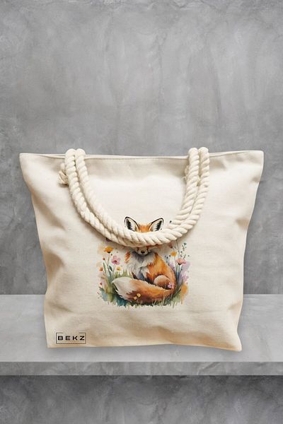 BEKZ Geanta de plaja, model Foxy and flowers, 40x51 cm, Crem, BEKZ®