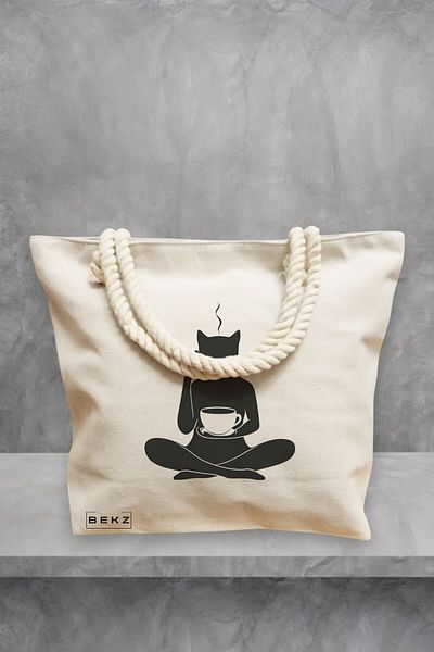 BEKZ Geanta de plaja, model Caffeine Cat 17, 40x51 cm, Crem, BEKZ®