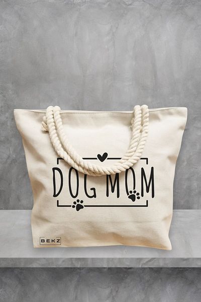 BEKZ Geanta de plaja, model Dog Mom 2, 40x51 cm, Crem, BEKZ®