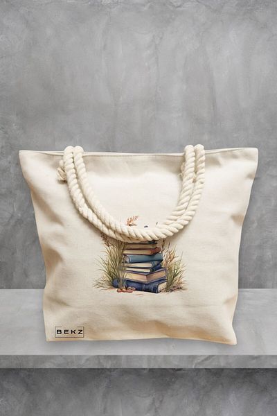 BEKZ Geanta de plaja, model Books and flowers 9, 40x51 cm, Crem, BEKZ®