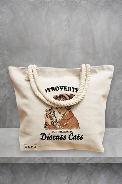 BEKZ Geanta de plaja, model Introverted but willing to discuss cats, 40x51 cm, Crem, BEKZ®