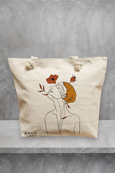 BEKZ Geanta de plaja, Flower Lady 8, 40x51 cm, Crem, BEKZ®