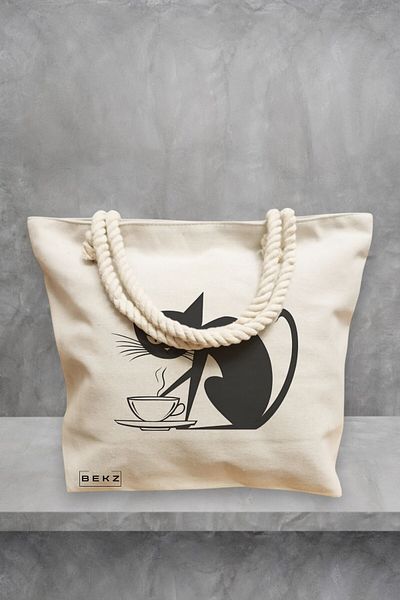 BEKZ Geanta de plaja, model Caffeine Cat 28, 40x51 cm, Crem, BEKZ®