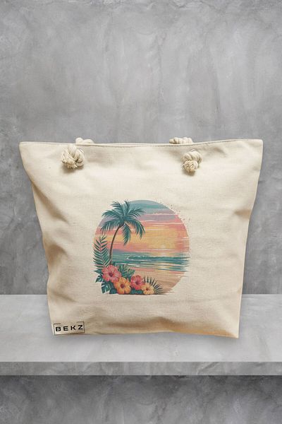 BEKZ Geanta de plaja, model Tropical Sunset 5, 40x51 cm, Crem, BEKZ®