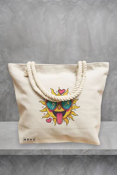 BEKZ Geanta de plaja, model Sun faces 14, 40x51 cm, Crem, BEKZ®