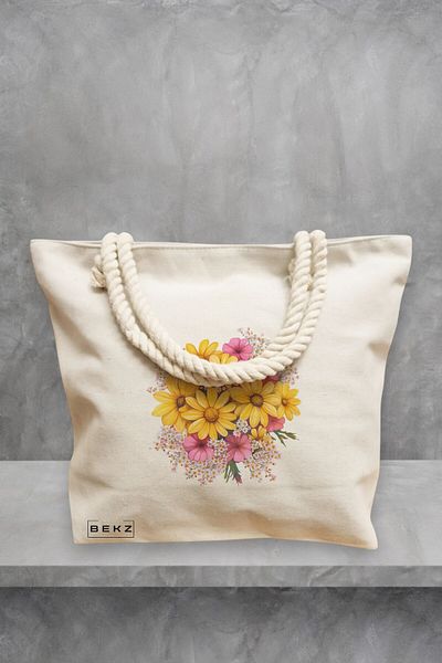 BEKZ Geanta de plaja, model Flowers 18, 40x51 cm, Crem, BEKZ®