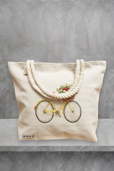 BEKZ Geanta de plaja, model Flowery Yellow Bike, 40x51 cm, Crem, BEKZ®