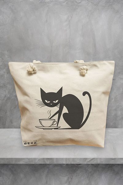 BEKZ Geanta de plaja, model Caffeine Cat 28, 40x51 cm, Crem, BEKZ®