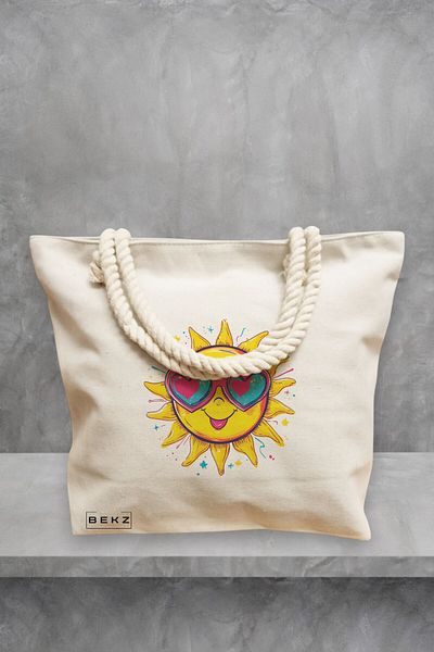 BEKZ Geanta de plaja, model Sun faces 3, 40x51 cm, Crem, BEKZ®
