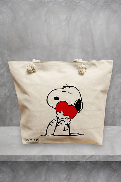 BEKZ Geanta de plaja, model Doggo Love, 40x51 cm, Crem, BEKZ®