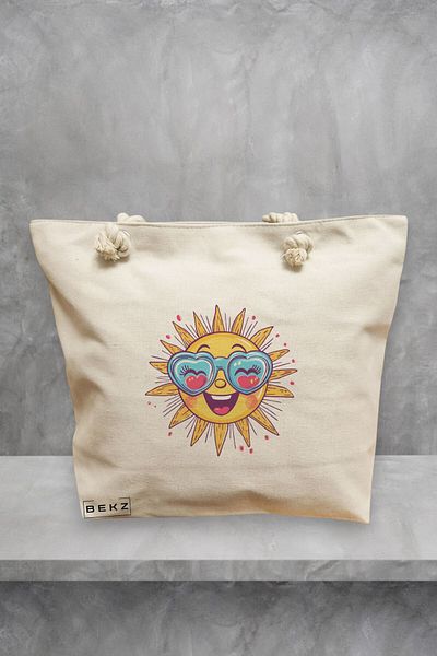 BEKZ Geanta de plaja, model Sun faces 6, 40x51 cm, Crem, BEKZ®