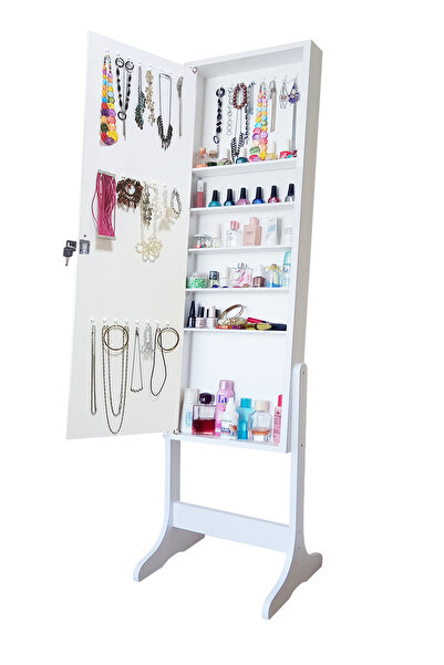 First Mobilya Yıldız Kilitli Demonte Ayaklı Aynalı Hediyelik Çok Amaçlı Takı Dolabı Beyaz