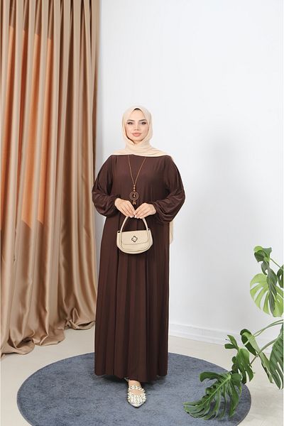 NİSUM MODA Pleated Sandy Dress with Necklace