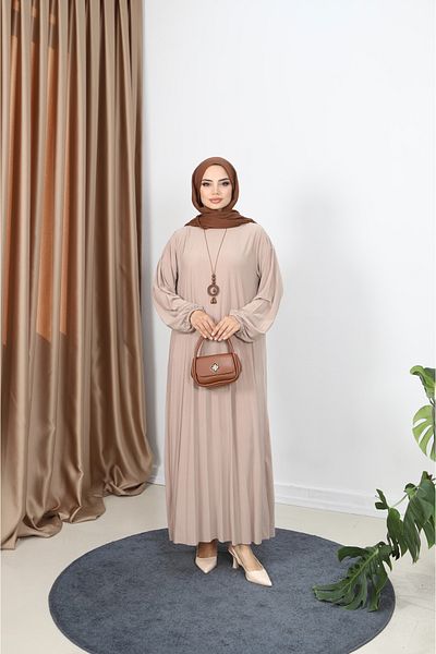 NİSUM MODA Pleated Sandy Dress with Necklace