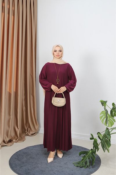 NİSUM MODA Pleated Sandy Dress with Necklace