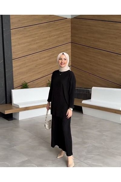 modamira Women's Black Sandy Complete Pleated 2-Piece Hijab Double Pants Set