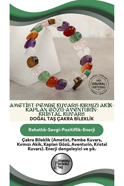 OSMANLI DEĞERLİ TAŞ Çakra Bileklik Ametist Pembe Kuvars Kırmızı Akik Kaplan G...