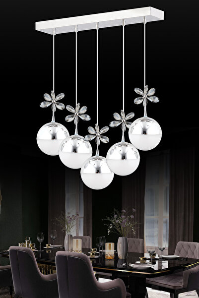 İstanbul Avize Kelebek 5'li Sıralı Gümüş 3 Renk Kademeli Ledli Modern Led Avize