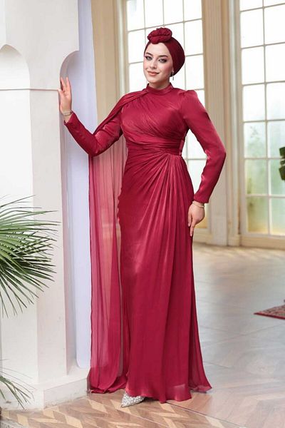 N.S NEVA STYLE Βουργουνδία Hijab βραδινό φόρεμα με λεπτομέρεια κάπας 5296BR