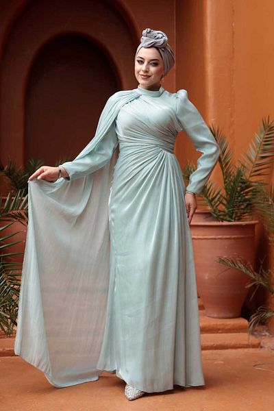 N.S NEVA STYLE Βραδινό φόρεμα Hijab με λεπτομέρεια Cape 5296MINT