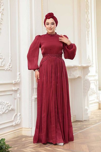 N.S NEVA STYLE Βραδινό φόρεμα με χάντρες μπορντό Hijab 52751BR