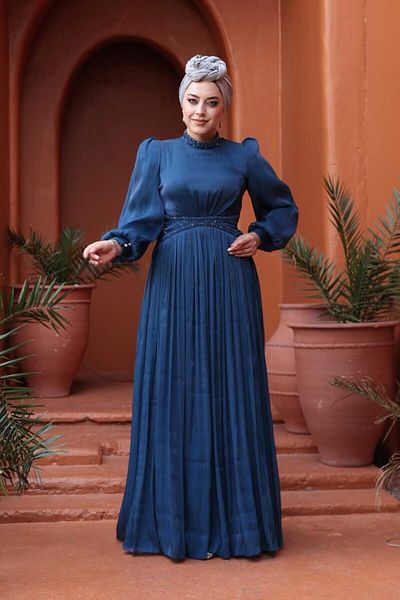 N.S NEVA STYLE Βραδινό φόρεμα με χάντρες Navy Blue Hijab 52751L