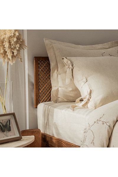 Ecocotton Libera Double Duvet Cover Set 100% Organic Cotton Linen Süzene Embroidered Cream-Beige 200x220 Cm