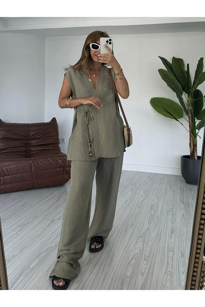 KÜBRA SÖYLEMEZ BOUTİQUE Linen Khaki Vest Set