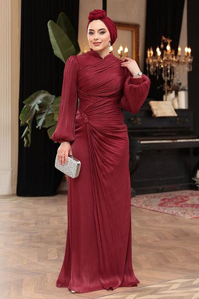 N.S NEVA STYLE Βραδινό φόρεμα Draped Burgundy Hijab 50781BR