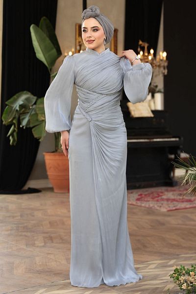 N.S NEVA STYLE Βραδινό φόρεμα Draped Grey Hijab 50781GR