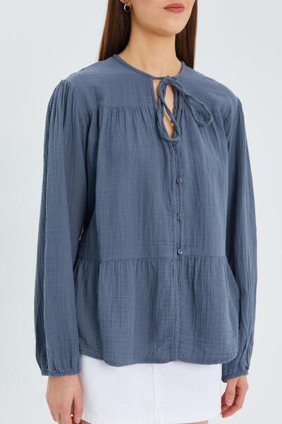 Mixray 4563 Model - Anthracite Color Women's Muslin Shirt with Tie-Up Collar and Elastic Sleeves