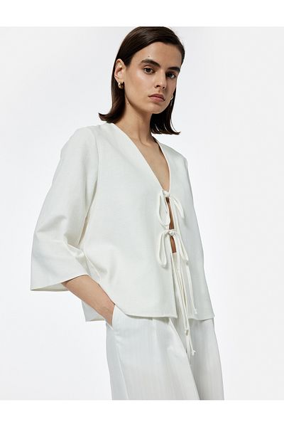 Koton Linen Blend Loose Fit Front Tie Detail Bow 3/4 Sleeve Blouse