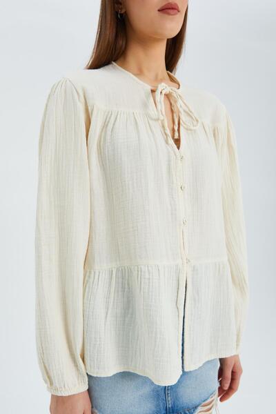 Mixray 4563 Model - Natural Color Women's Muslin Shirt with Tie-Up Neckline and Elastic Sleeves