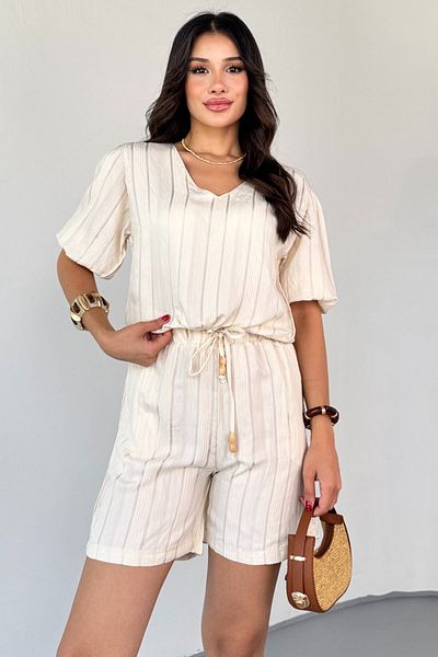 Cappmoda Tkm-03621 Cream Gilded Cotton Fabric Gathered Blouse Elastic Shorts Set of Two