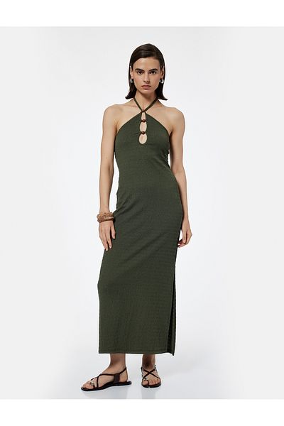 Koton Wrap Fabric Slim Fit Bead Detail Halter Neck Maxi Dress