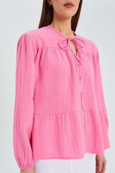 Mixray 4563 Model Pink Women's Muslin Shirt - Tie-Up Collar and Elastic Sleeves