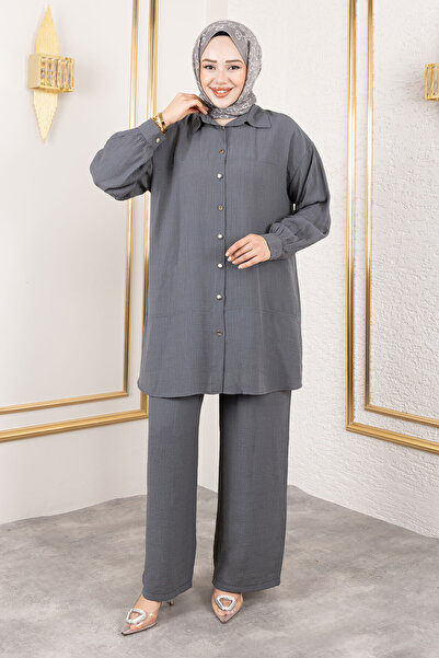 Tesettür Dünyası Διπλό Σετ με Λεπτομέρεια Ραφής TSD250180 Καπνιστό