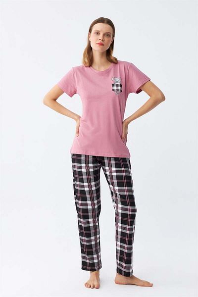 modaserdem Mdsrdm Women's Salmon Teddy Bear Printed Plaid Combed Cotton Pajama Set