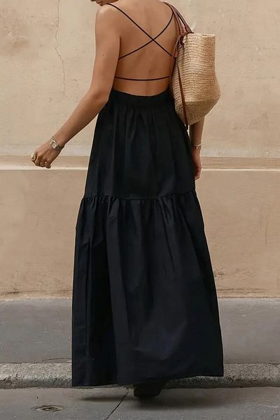 GIA - ART Women's Black Poplin Fabric Strap Summer Long Dress Maxi Size