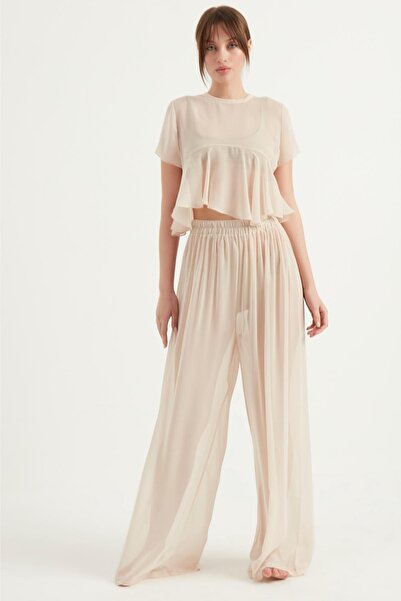 Genel Markalar Beli Lastikli Şifon Pantolon Kırık Beyaz 3026