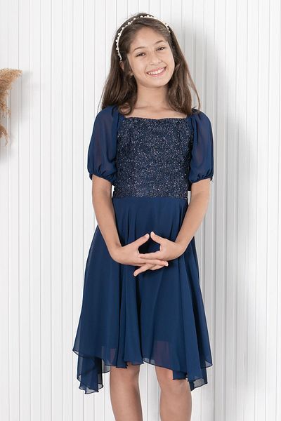 Modaviki Balloon Sleeve Detailed Chiffon Evening Dress Navy Blue Mdv332