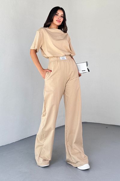 Cappmoda TKM-0043 Mink Original Text Injection Τυπωμένο μπλουζάκι με λαιμόκοψη με λεπτομέρεια αυτοκόλλητο στη μέση Palaz