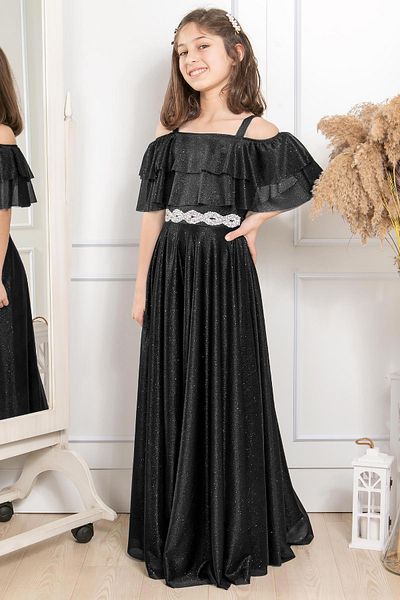 Modaviki Frill Detailed Glittery Tulle Children's Evening Dress Black Mdv314