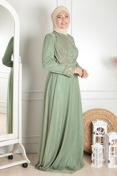 Modaviki Βραδινό φόρεμα με λεπτομέρεια γκιπούρ Glitter Princess Model Green Mda2262