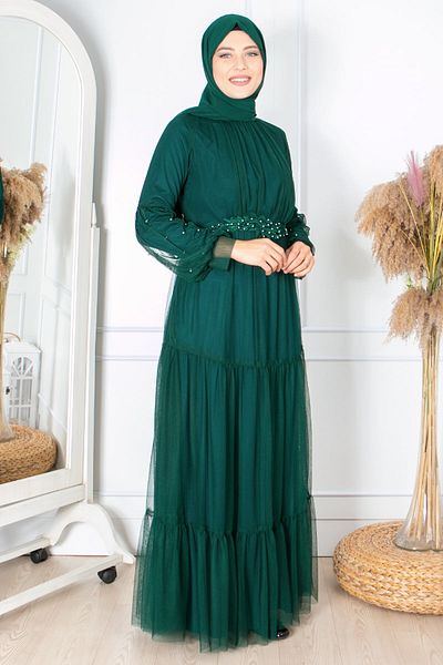 Fahima Βραδινό φόρεμα από τούλι με βολάν Guipure Embroidered Emerald Fhm864