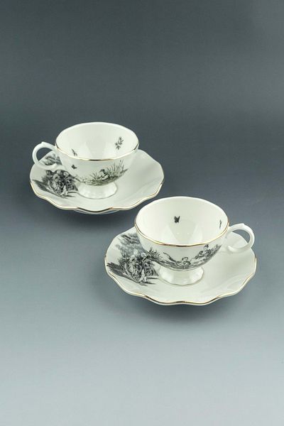 Bursa Porselen Dekor Royal Black Gold Gilded Coffee Cup Set for 2 People