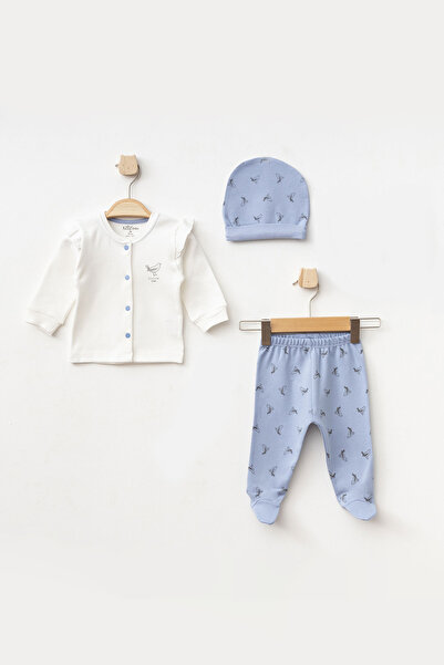 Aziz Bebe Kız Bebek Kuş Desenli Zıbın Pantolon Bere 3'lü Alt Üst Bebek Takımı...