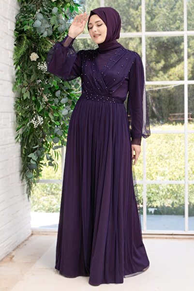 Fahima Rochie de seara din tul Inci T cu pietre aplicate violet FHM830