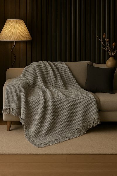 Rell Home Cotton Textured Ecru Sofa Shawl 170X220 cm – Fringed Tv Blanket & Decorative Sofa Cover